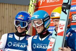 Drei Österreicher lagen nach dem Springen in Führung: Johannes Lamparter (AUT), Stefan Rettenegger (AUT), Franz-Josef Rehrl (AUT) (l-r).