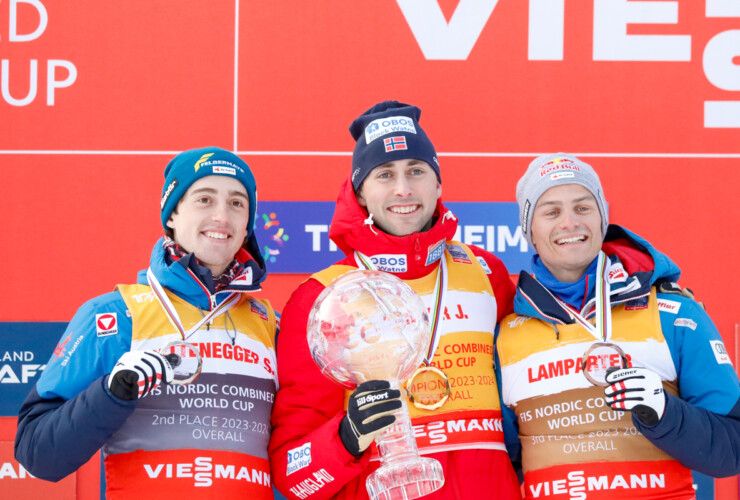 Die besten Kombinierer des Winters: Stefan Rettenegger (AUT), Jarl Magnus Riiber (NOR), Johannes Lamparter (AUT), (l-r)