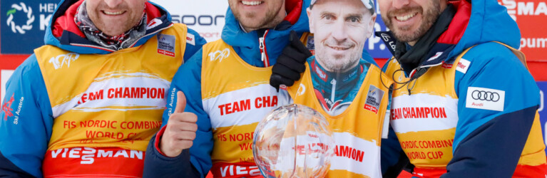 Das österreichische Trainerteam: Jochen Strobl (ITA), Thomas Egger-Riedmüller (AUT), Christoph Eugen (AUT) als Pappfigur, Christoph Bieler (AUT) (l-r)