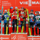 Das Podium des Teamsprints: Stefan Rettenegger (AUT I), Johannes Lamparter (AUT I), Joergen Graabak (NOR I), Jens Luraas Oftebro (NOR I), Vinzenz Geiger (GER II), Manuel Faisst (GER II), (l-r)