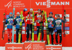Das Podium des Teamsprints: Stefan Rettenegger (AUT I), Johannes Lamparter (AUT I), Joergen Graabak (NOR I), Jens Luraas Oftebro (NOR I), Vinzenz Geiger (GER II), Manuel Faisst (GER II), (l-r)
