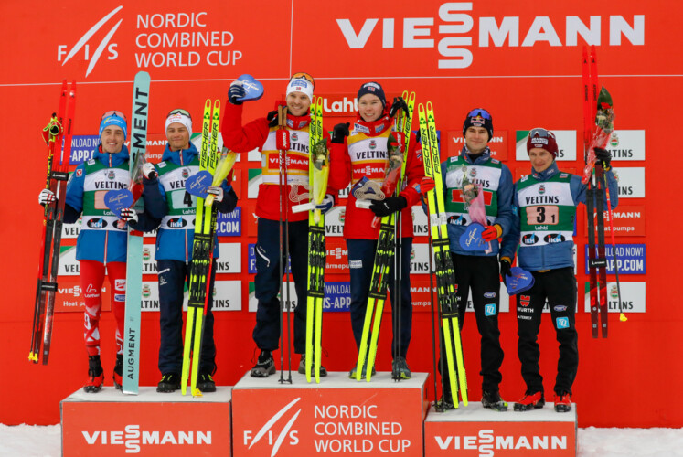 Das Podium des Teamsprints: Stefan Rettenegger (AUT I), Johannes Lamparter (AUT I), Joergen Graabak (NOR I), Jens Luraas Oftebro (NOR I), Vinzenz Geiger (GER II), Manuel Faisst (GER II), (l-r)