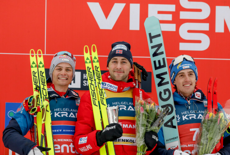 Das Podium der Herren: Johannes Lamparter (AUT), Jarl Magnus Riiber (NOR), Stefan Rettenegger (AUT), (l-r)