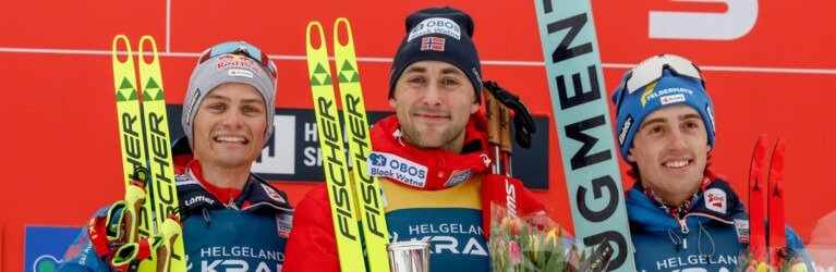 Das Podium der Herren: Johannes Lamparter (AUT), Jarl Magnus Riiber (NOR), Stefan Rettenegger (AUT), (l-r)