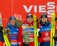 Das Podium: Johannes Lamparter (AUT), Jarl Magnus Riiber (NOR), Kristjan Ilves (EST), (l-r)