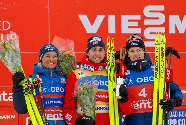 Das Podium: Johannes Lamparter (AUT), Jarl Magnus Riiber (NOR), Kristjan Ilves (EST), (l-r)