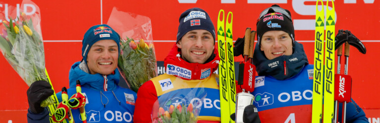 Das Podium: Johannes Lamparter (AUT), Jarl Magnus Riiber (NOR), Kristjan Ilves (EST), (l-r)