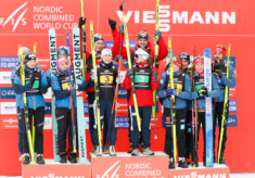 Das einzige Mixed Team-Podium des Winters: Johannes Lamparter (AUT), Lisa Hirner (AUT), Annalena Slamik (AUT), Stefan Rettenegger (AUT), Jens Luraas Oftebro (NOR), Ida Marie Hagen (NOR), Gyda Westvold Hansen (NOR), Joergen Graabak (NOR), Jenny Nowak (GER), Manuel Faisst (GER), Nathalie Armbruster (GER), Johannes Rydzek (GER), (l-r)