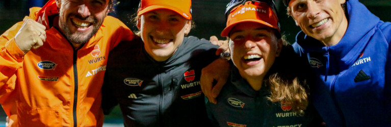 Vier DSV-Athleten auf dem Podium: Johannes Rydzek (GER), Jenny Nowak (GER), Nathalie Armbruster (GER), David Mach (GER), (l-r)