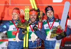 Das Podium: Julian Schmid (GER), Johannes Rydzek (GER), Vinzenz Geiger (GER), (l-r)