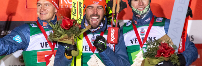 Das Podium: Julian Schmid (GER), Johannes Rydzek (GER), Vinzenz Geiger (GER), (l-r)