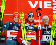 Das Podium der Herren: Julian Schmid (GER), Jarl Magnus Riiber (NOR), Johannes Lamparter (AUT), (l-r)