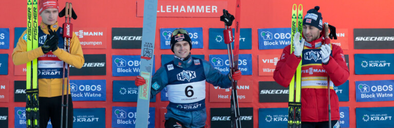 Das Podium des Tages: Julian Schmid (GER), Vinzenz Geiger (GER), Jarl Magnus Riiber (NOR), (l-r)