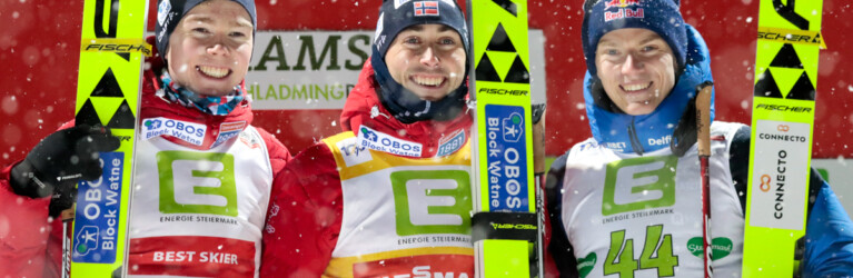 Die Sieger der Herren: Jens Luraas Oftebro (NOR), Jarl Magnus Riiber (NOR), Kristjan Ilves (EST), (l-r)