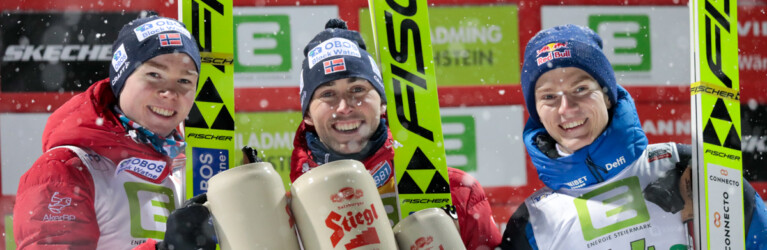 Die Sieger der Herren: Jens Luraas Oftebro (NOR), Jarl Magnus Riiber (NOR), Kristjan Ilves (EST), (l-r)