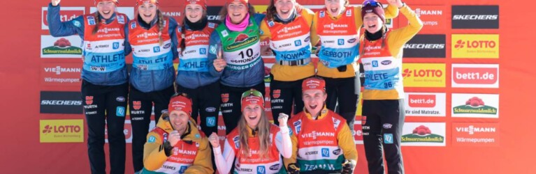 Nathalie Armbruster (GER) feiert mit dem deutschen Team.