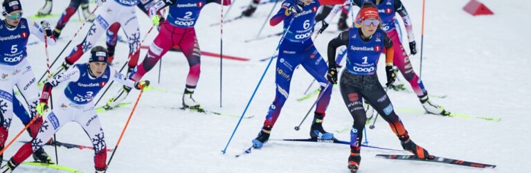 Start des Massenstarts: Ida Marie Hagen (NOR), Marte Leinan Lund (NOR), Haruka Kasai (JPN), Nathalie Armbruster (GER), Lena Brocard (FRA), Yuna Kasai (JPN), (l-r)