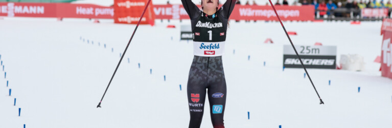 Nathalie Armbruster (GER) feiert ihren ersten Weltcupsieg.