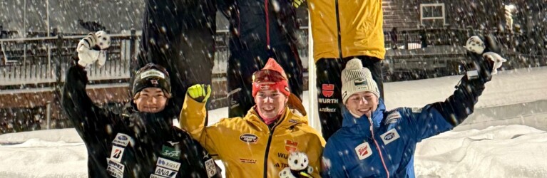 Strahlende Gesichter nach dem Junioren-Einzel: Atsushi Narita (JPN), Paul Walcher (AUT), Richard Stenzel (GER) (oben, l-r), Kyotaro Yamazaki (JPN), Felix Brieden (GER), Andreas Gfrerer (AUT) (unten, l-r)