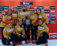 Nathalie Armbruster (GER), Ronja Loh (GER), Svenja Wuerth (GER), Trine Goepfert (GER), Jenny Nowak (GER), Maria Gerboth (GER), Physio Nina Jung (GER), Tim Kopp (GER), Cindy Haasch (GER), Coach Florian Aichinger (GER), (l-r)