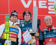 Jarl Magnus Riiber (NOR), Vinzenz Geiger (GER), Johannes Lamparter (AUT), (l-r)