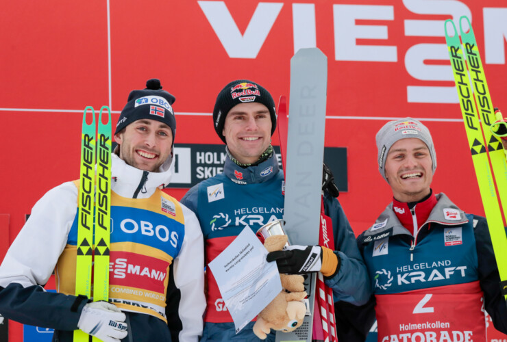 Jarl Magnus Riiber (NOR), Vinzenz Geiger (GER), Johannes Lamparter (AUT), (l-r)