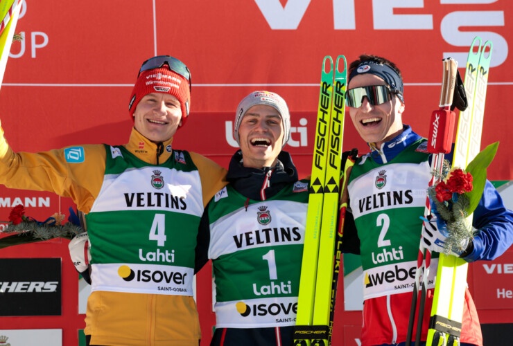 Die Tagessieger des Saisonfinals: Julian Schmid (GER), Johannes Lamparter (AUT), Laurent Muhlethaler (FRA), (l-r)