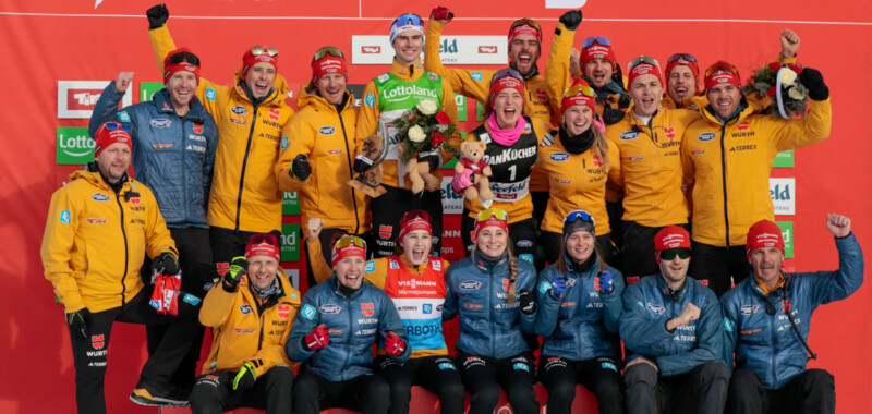 Damenteam mit Herren: Nathalie Armbruster (GER) und Vinzenz Geiger (GER) (Mitte oben) führen als Gesamtweltcupsieger des vergangenen Winters ihre Mannschaften in die neue Saison.