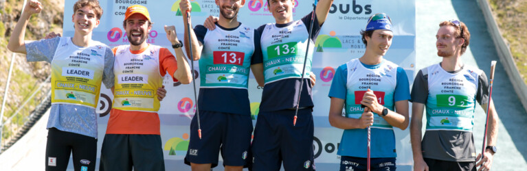 Das Podium der Herren: Richard Stenzel (GER), Johannes Rydzek (GER), Raffaele Buzzi (ITA), Samuel Costa (ITA), Edgar Vallet (FRA), Mael Tyrode (FRA), (l-r)