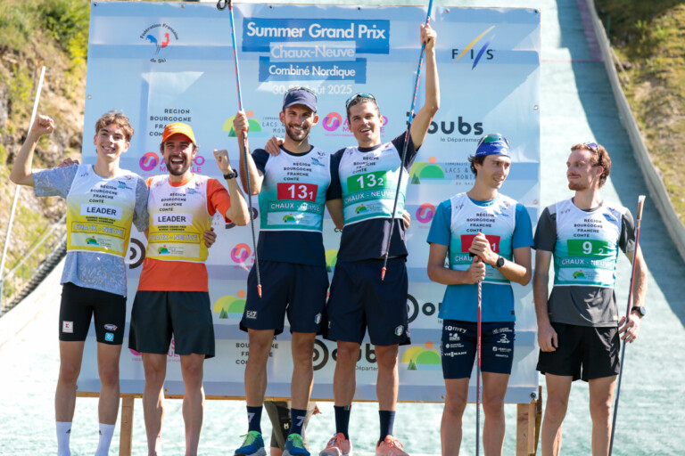 Das Podium der Herren: Richard Stenzel (GER), Johannes Rydzek (GER), Raffaele Buzzi (ITA), Samuel Costa (ITA), Edgar Vallet (FRA), Mael Tyrode (FRA), (l-r)