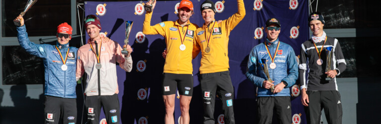 Das Podium der Herren: Julian Schmid (BSV II), Wendelin Thannheimer (BSV II), Johannes Rydzek (BSV I), David Mach (BSV I), Jakob Lange (BSV III), Vinzenz Geiger (BSV III), (l-r)