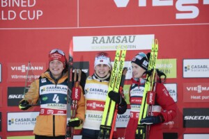 Vor sechs Jahren fand in Ramsau erstmals ein Weltcup für Frauen statt. Hier das Podium aus dem letzten Jahr: Nathalie Armbruster (GER), Ida Marie Hagen (NOR), Gyda Westvold Hansen (NOR), (l-r)