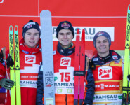 Das Podium der Herren: Jens Luraas Oftebro (NOR), Vinzenz Geiger (GER), Johannes Lamparter (AUT), (l-r)
