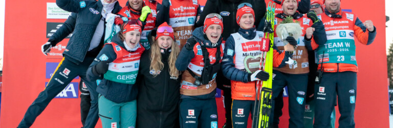Richard Stenzel (GER), Johannes Rydzek (GER), Julian Schmid (GER), Coach Eric Frenzel (GER), Maria Gerboth (GER), Coach Kai Bracht (GER), (l-r)