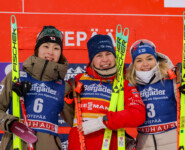 Das Damen-Podium: Yuna Kasai (JPN), Ida Marie Hagen (NOR), Minja Korhonen (FIN), (l-r)