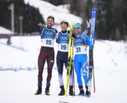 Geballte olympische Erfahrung: Johannes Rydzek (GER), Akito Watabe (JPN), Alessandro Pittin (ITA), (l-r)