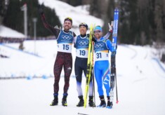 Geballte olympische Erfahrung: Johannes Rydzek (GER), Akito Watabe (JPN), Alessandro Pittin (ITA), (l-r)