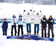 Das Podium des Team Sprints: Eero Hirvonen (FIN), Ilkka Herola (FIN), Jens Luraas Oftebro (NOR), Andreas Skoglund (NOR), Johannes Lamparter (AUT), Stefan Rettenegger (AUT), (l-r)