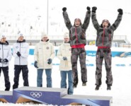 Das Podium des Team Sprints: Eero Hirvonen (FIN), Ilkka Herola (FIN), Jens Luraas Oftebro (NOR), Andreas Skoglund (NOR), Johannes Lamparter (AUT), Stefan Rettenegger (AUT), (l-r)