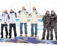 Das Podium des Team Sprints: Eero Hirvonen (FIN), Ilkka Herola (FIN), Jens Luraas Oftebro (NOR), Andreas Skoglund (NOR), Johannes Lamparter (AUT), Stefan Rettenegger (AUT), (l-r)
