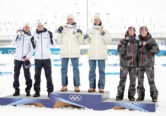 Das Podium des Team Sprints: Eero Hirvonen (FIN), Ilkka Herola (FIN), Jens Luraas Oftebro (NOR), Andreas Skoglund (NOR), Johannes Lamparter (AUT), Stefan Rettenegger (AUT), (l-r)