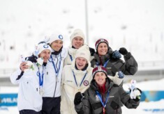 Die Medaillengewinner des Teamsprints: Eero Hirvonen (FIN), Ilkka Herola (FIN), Jens Luraas Oftebro (NOR), Andreas Skoglund (NOR), Johannes Lamparter (AUT), Stefan Rettenegger (AUT), (l-r)