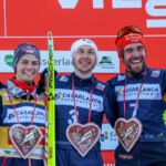 Das Podium des ersten Skifliegens in der Nordischen Kombination: Johannes Lamparter (AUT), Ilkka Herola (FIN), Johannes Rydzek (GER), (l-r)