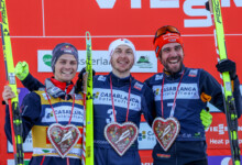 Das Podium des ersten Skifliegens in der Nordischen Kombination: Johannes Lamparter (AUT), Ilkka Herola (FIN), Johannes Rydzek (GER), (l-r)