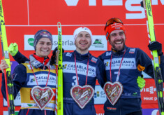 Das Podium des ersten Skifliegens in der Nordischen Kombination: Johannes Lamparter (AUT), Ilkka Herola (FIN), Johannes Rydzek (GER), (l-r)