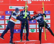 Das Podium des ersten Skifliegens in der Nordischen Kombination: Johannes Lamparter (AUT), Ilkka Herola (FIN), Johannes Rydzek (GER), (l-r)