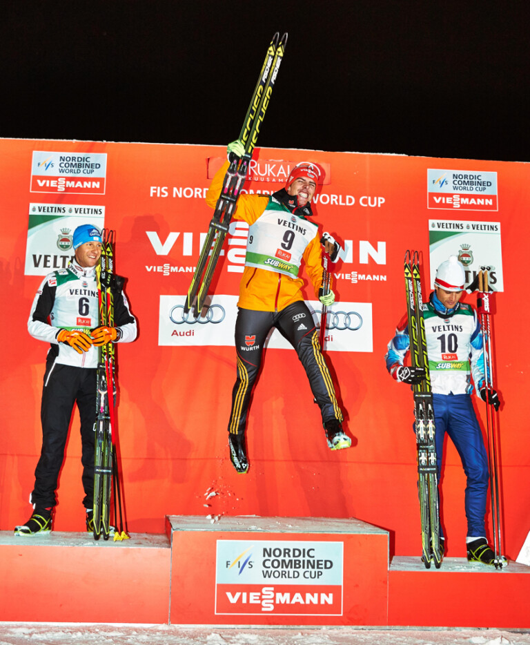 Bernhard Gruber (AUT), Johannes Rydzek (GER), Miroslav Dvorak (CZE), (l-r) 2014 in Ruka (FIN)