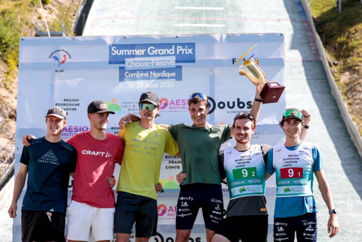 Gael Blondeau (FRA), Matteo Baud (FRA), Marco Heinis (FRA), Laurent Muhlethaler (FRA), Mael Tyrode (FRA), Edgar Vallet (FRA), (l-r) beim Sommer Grand prix in Frankreich 2025