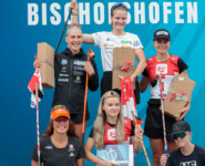 Das Damen-Podium: Ida Marie Hagen (NOR), Ema Volavsek (SLO), Katharina Gruber (AUT), (l-r), Nathalie Armbruster (GER), Minja Korhonen (FIN), Alexa Brabec (USA), (l-r)